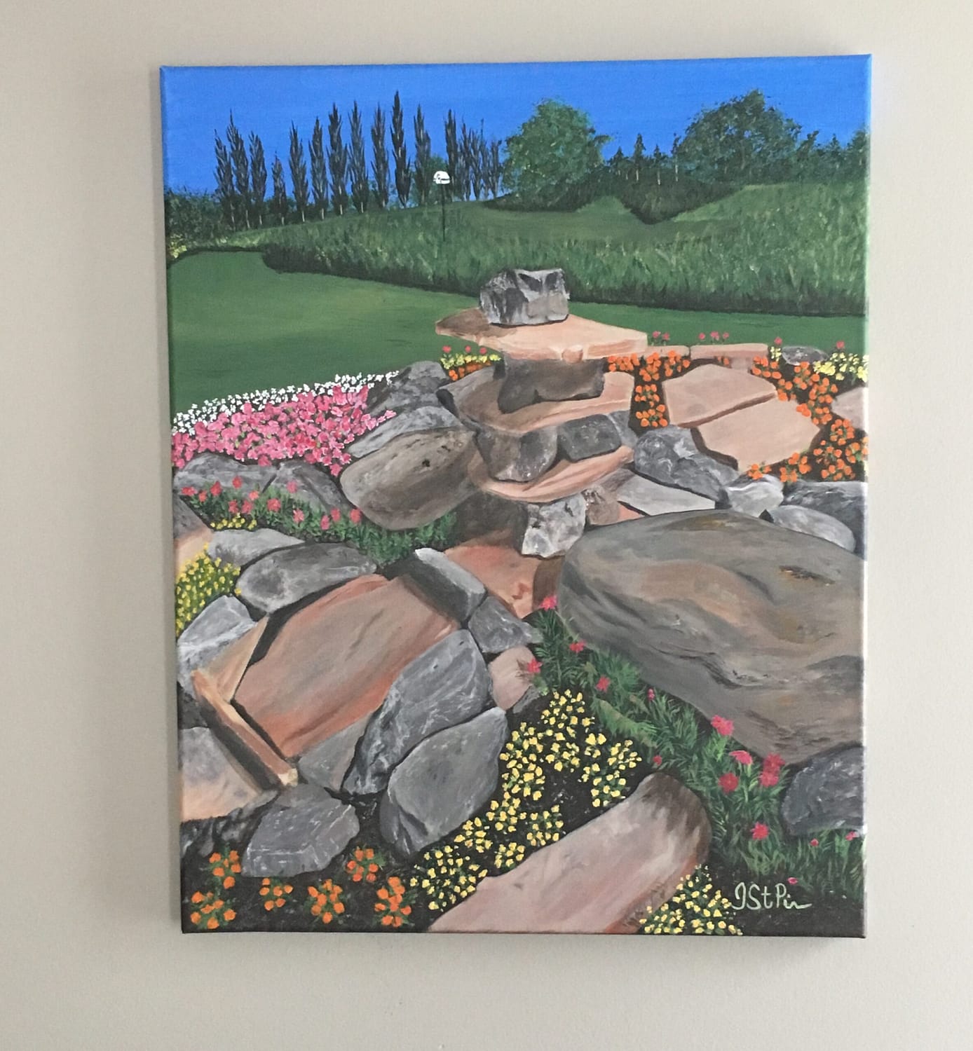 Painting of a rock garden alongside a golf green