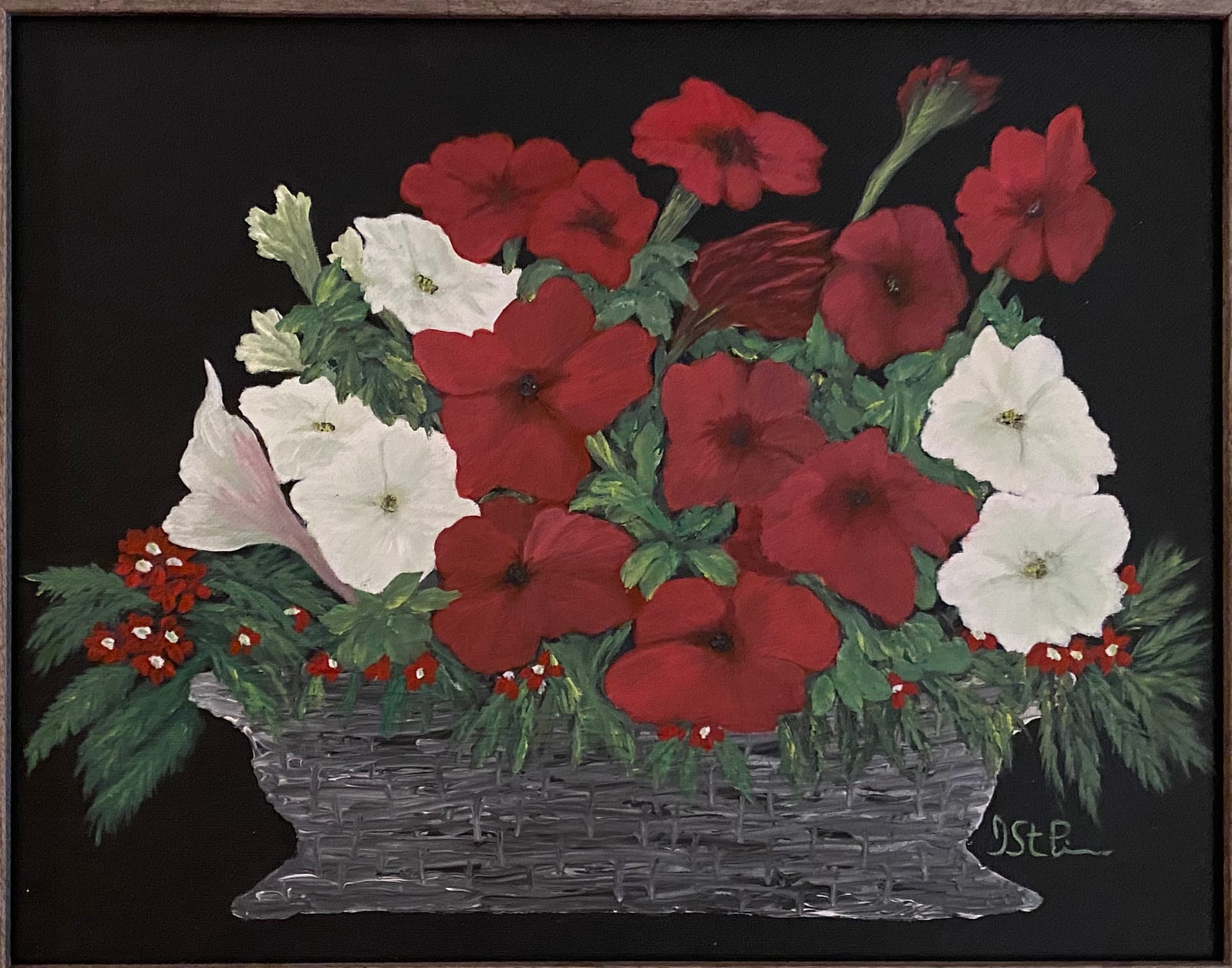 Painting of red and white petunia flowers in a basket