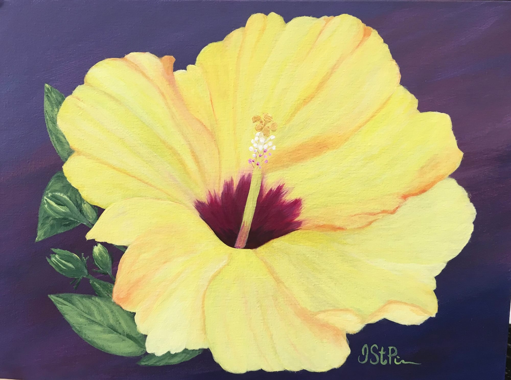 A painting of a bright yellow Hibiscus flower