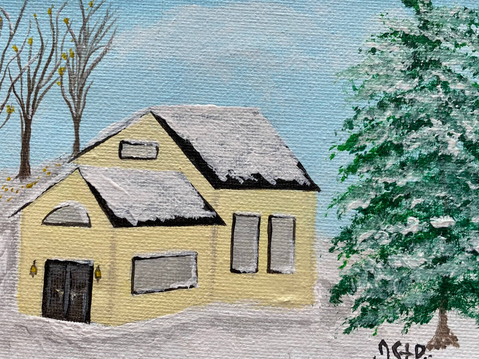 Small painting of a yellow house with trees in winter