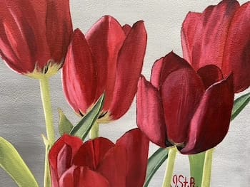 Close up painting of a bunch of red tulips