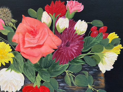 Painting of colorful flower arrangement with a small log base