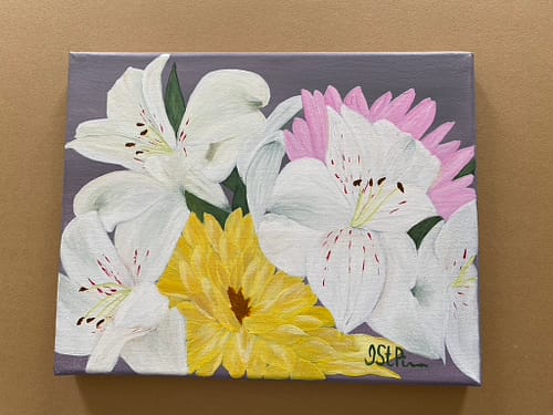 Close up painting of white and yellow flowers