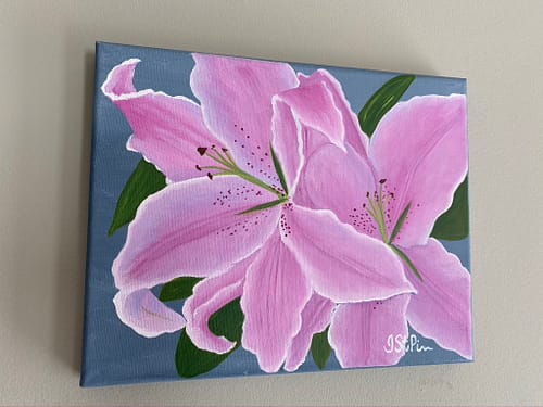 Painting of large pink lilies