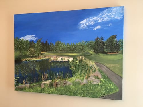 Painting of a golf course water feature surrounded by trees