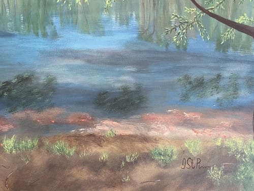 Painting of a secluded pond surrounded by trees