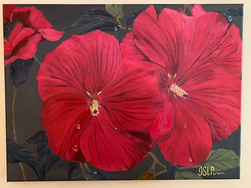 Painting of 2 red hibiscus flowers with water droplets on the petals