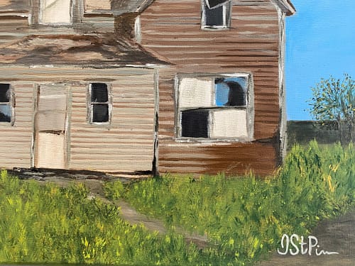 A painting of an old deserted farmhouse