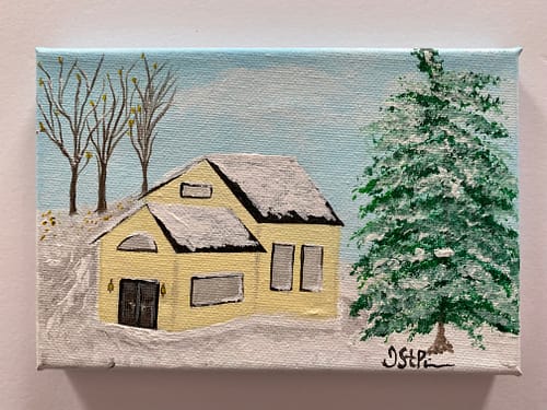 Small painting of a yellow house with trees in winter