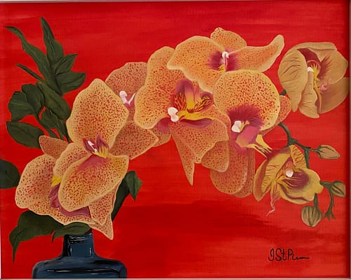 Painting of a yellow orchid on a dark orange background