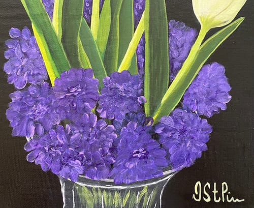 A painting of white tulips set into a glass vase of purple blooms