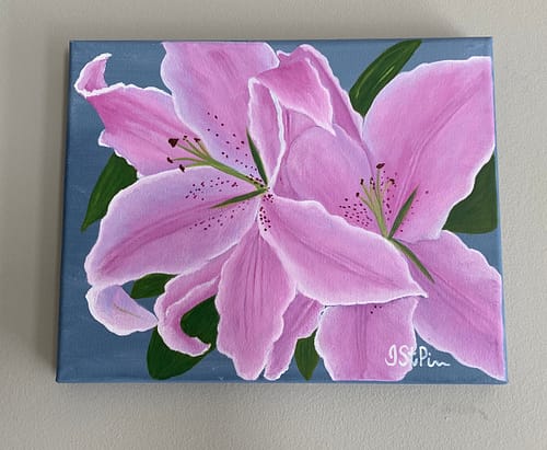 Painting of large pink lilies