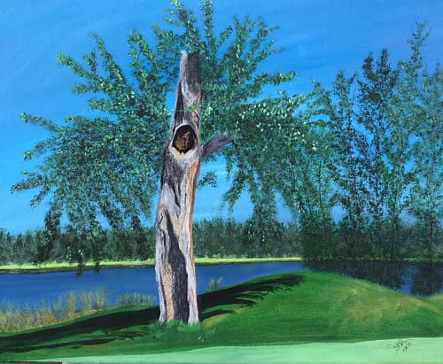 A painting of a roughly grown tree on a golf course