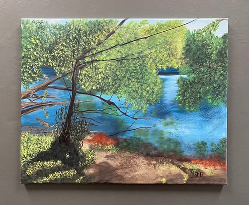 A very bright painting of a pond and trees on the edge