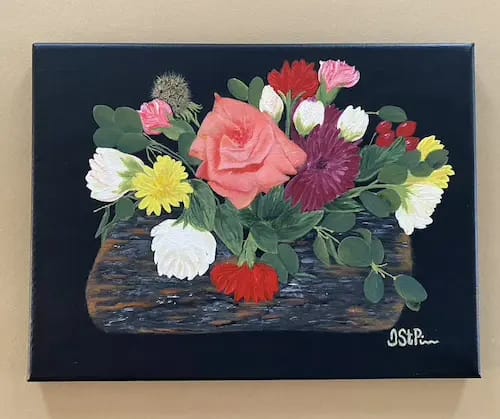 Painting of colorful flower arrangement with a small log base