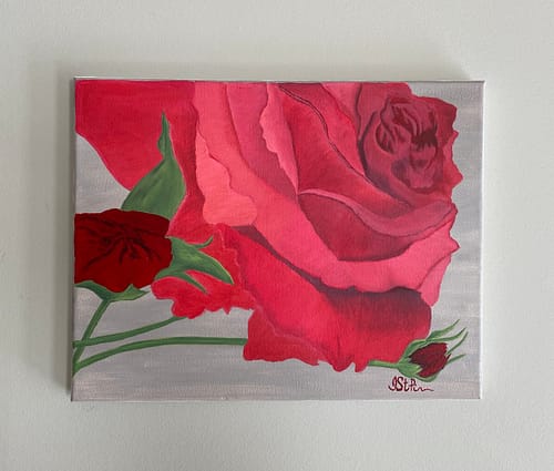 Close up painting of a bright red rose in bloom