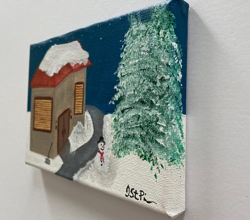 Small painting of a snowy scene with a house and snowman
