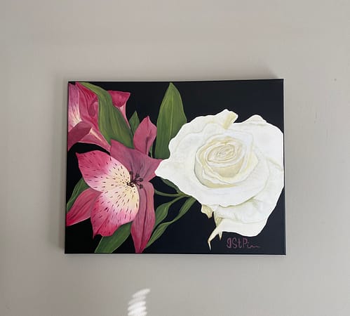 Close up painting of a white rose and pink alstroemeria flower