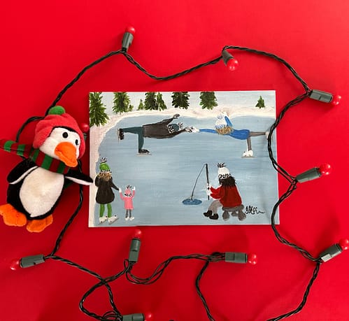 A small fun painting of a pond with a family ice skating and a young girl Ice Fishing among them.