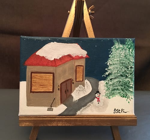 Small painting of a snowy scene with a house and snowman
