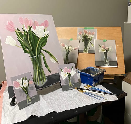 A painting of pink and white tulips in a clear carafe