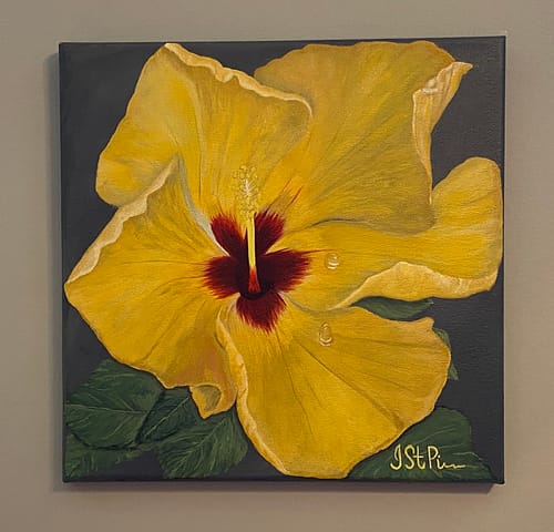 Close up painting of a large yellow hibiscus with a red center.