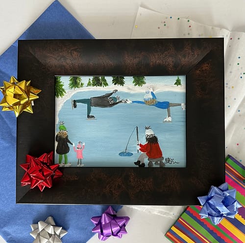 A small fun painting of a pond with a family ice skating and a young girl Ice Fishing among them.
