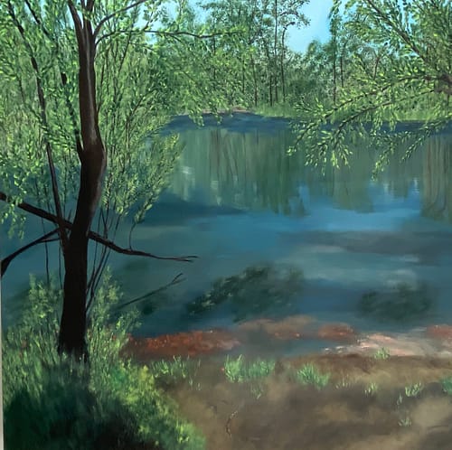 Painting of a secluded pond surrounded by trees