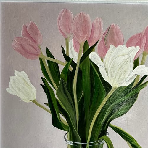 A painting of pink and white tulips in a clear vase
