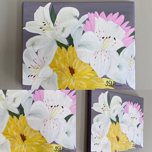 Close up painting of white and yellow flowers
