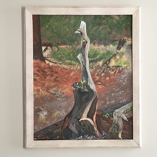 Painting of an old broken tree fallen into a curious animal statue shape