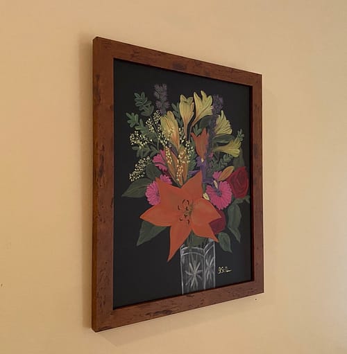 Painting of a mixed flower arrangement on a black background