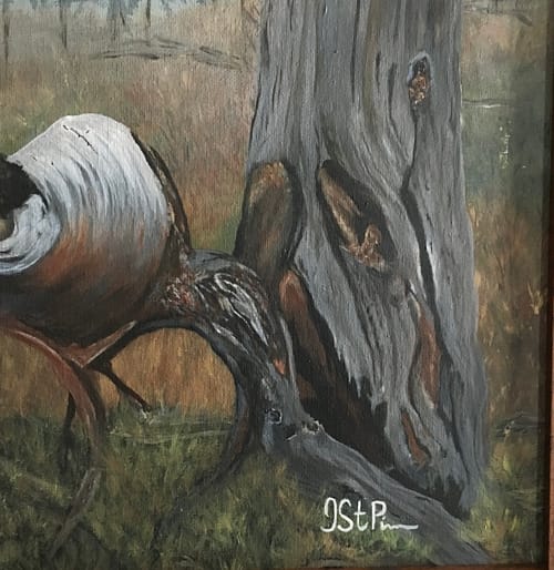 Painting of a large old tree fallen in a jagged formation