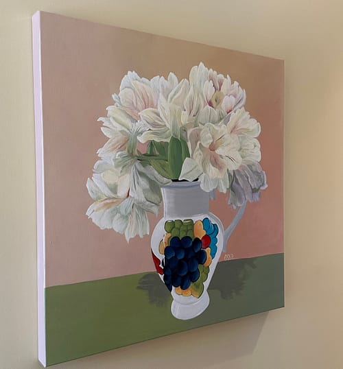 A painting of light coloured tulips in a unique white ceramic vase