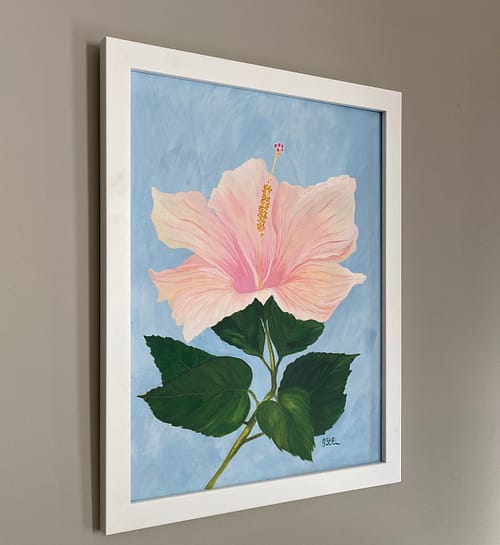 Painting of large light pink hibiscus flower