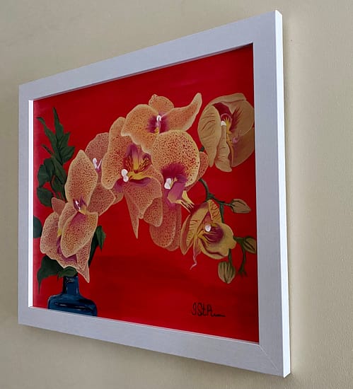 Painting of a yellow orchid on a dark orange background
