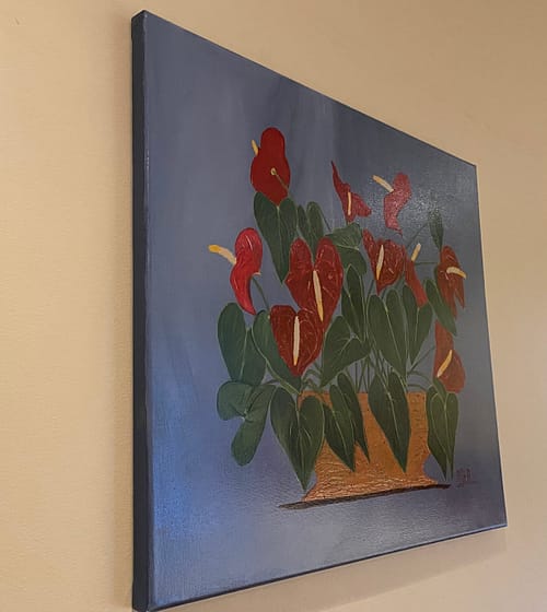 Painting of Anthurium plant in copper pot