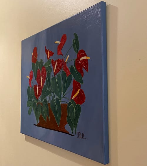 Painting of Anthurium plant in copper pot