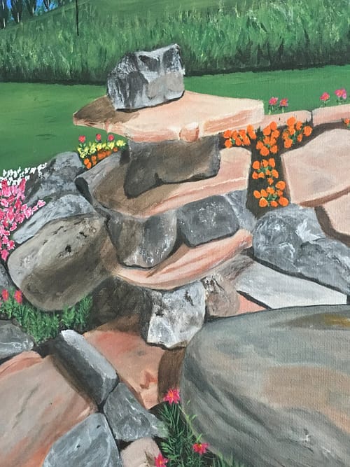 Painting of a rock garden alongside a golf green