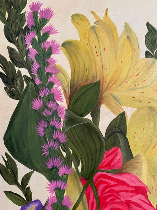 A bright painting of mixed flowers