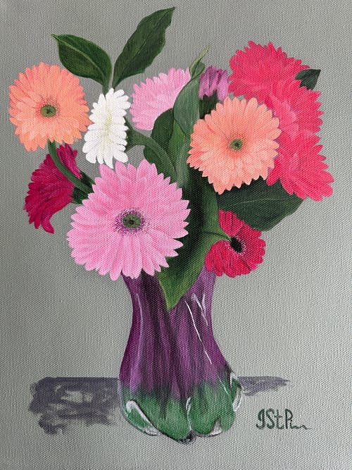 Painting of Pink and Peach Gerbera Daisies in glass vase on green background
