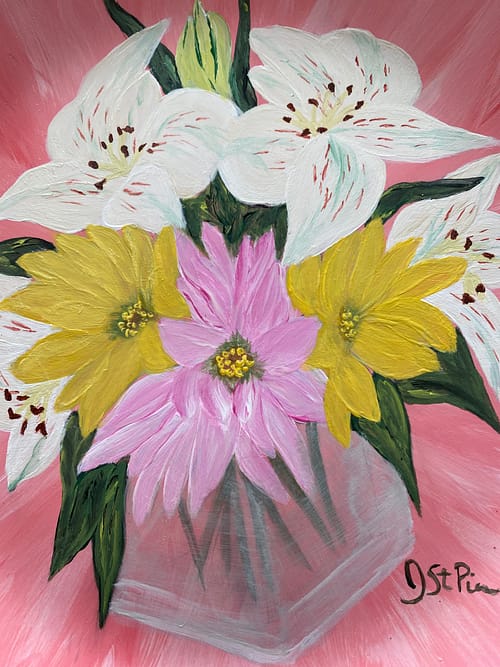 Photo of a pink hand painted plate with white lilies and pink and yellow daisies in a glass vase