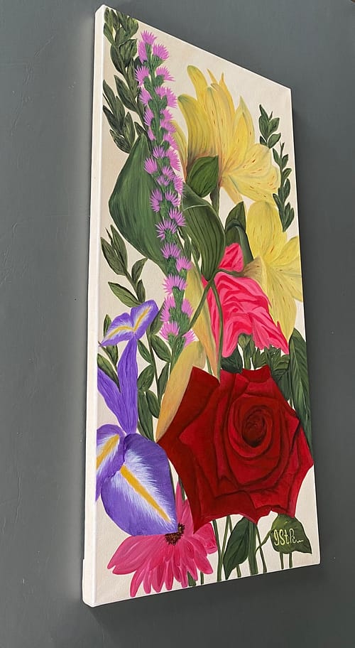 A bright painting of mixed flowers