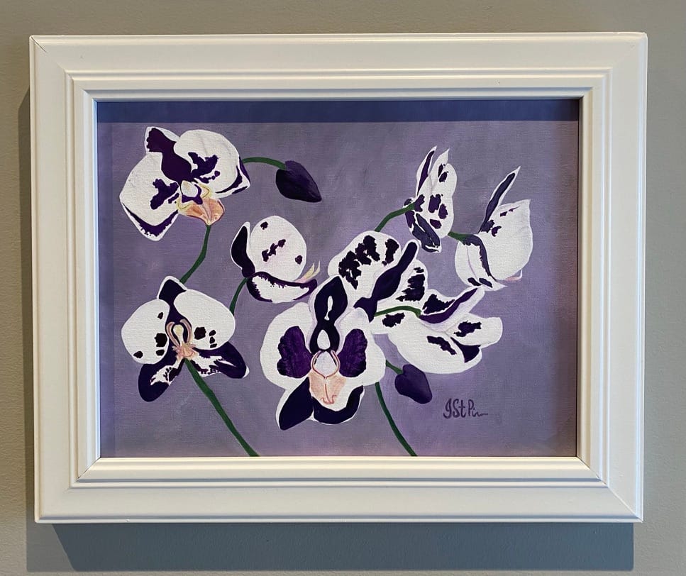 Painting of white and purple orchids on a purple background